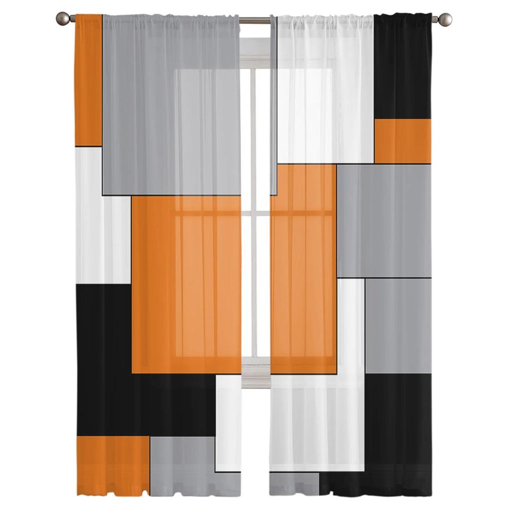 Orange Black Patchwork Abstract Art Sheer Curtains Window Tulle Curtains For Living Room Bedroom For Kitchen Curtains Decoration