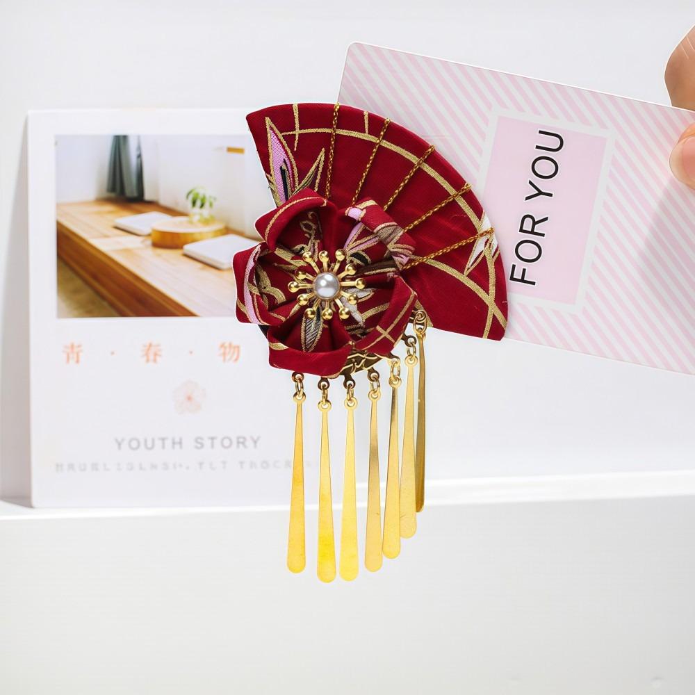 Cute Japanese Women Hairpin Fan Decor Faux Pearl Girls Hair Clips Tassel Flower Barrette Headdress Hair Accessories