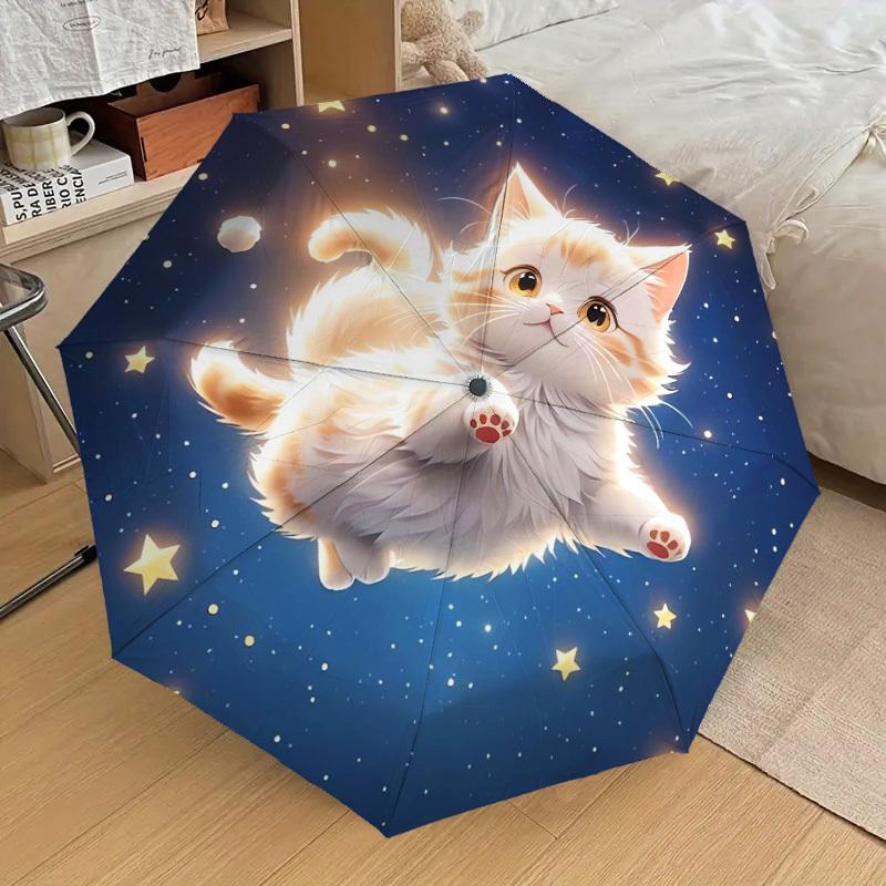 1pc Starry Night Kitten Umbrella with Plastic Handle,Suitable for All Seasons Home Travel Outdoor UmbrellaDD445