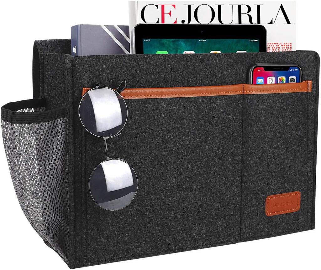 Felt Bed Storage Organizer Hanging Bag with 5 Pockets, Tablet iPad Cables Remote and Water Bottle Holder for Home Dorm Bed Sofa