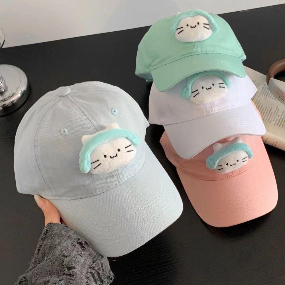 Korean Style Plush Doll Baseball Cap Solid Color Peaked Cap Fashion Earphone Cat Sun Hat  Men