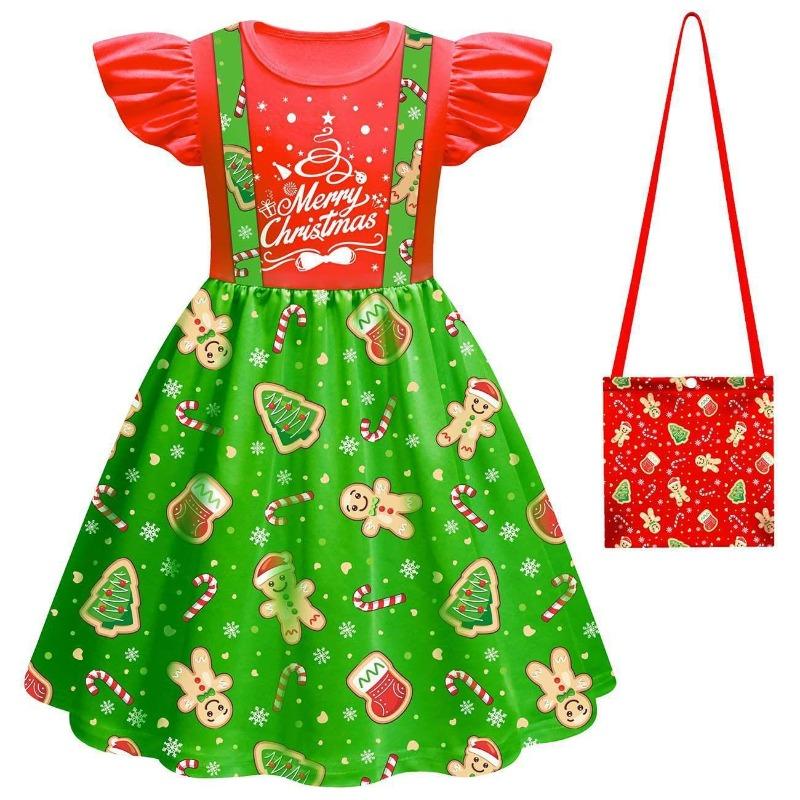 Christmas New Children'S Flying Sleeve Dress 3D Digital Printing Christmas Day Performance Dress