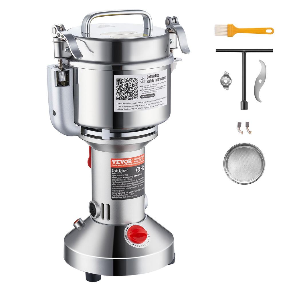 VEVOR 750g Electric Grain Mill Grinder, High Speed 2000W Commercial Spice Grinders, Stainless Steel Pulverizer Powder Machine