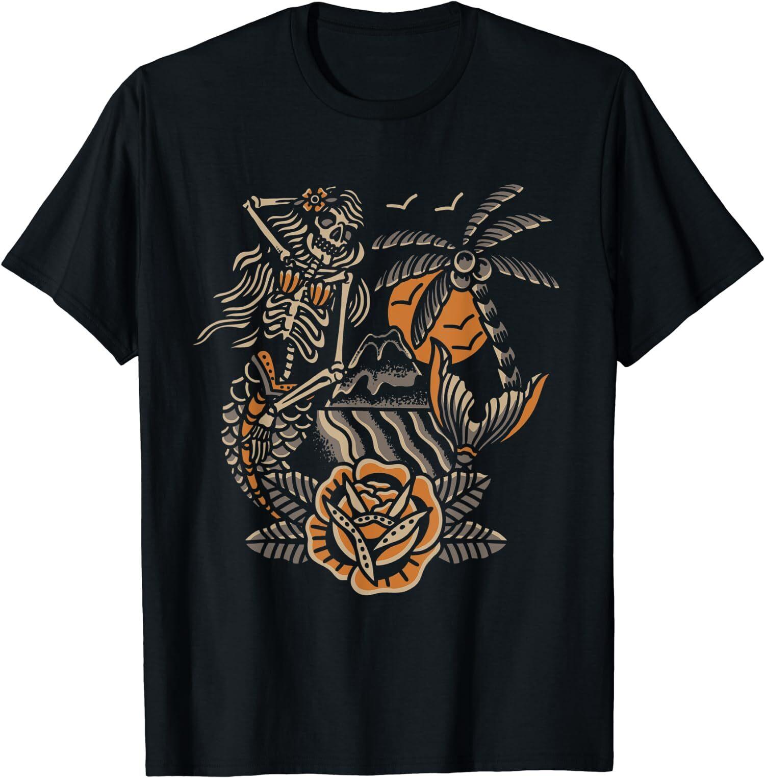 New Limited Mermaid Skeleton Traditional Tattoo Flash T-Shirt S разноцветный