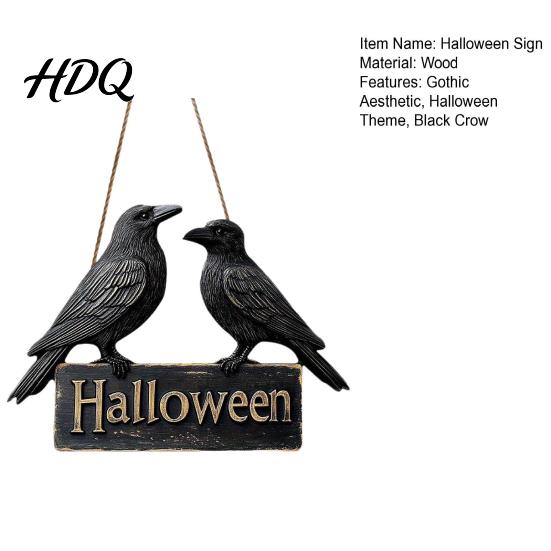 Creative Halloween Gifts Crow Welcome Sign for Front Door, Gothic Black Raven Wooden Wall Hanging Indoor Outdoor Door Hanger Plaque, 2D Flat
