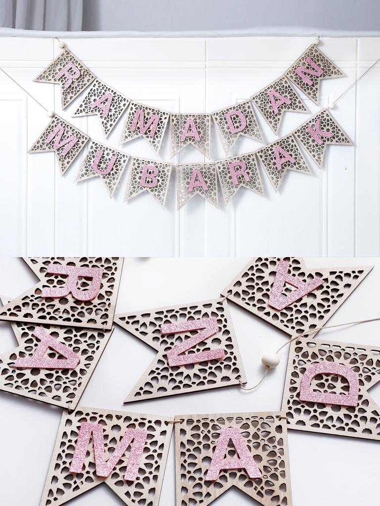 1Pc Pink Wooden Ramadan Muslim Decor Banner Pull Flag Ramadan Kareem Hanging Ornaments Wooden Ornaments Eid Mubarak Happy Gift