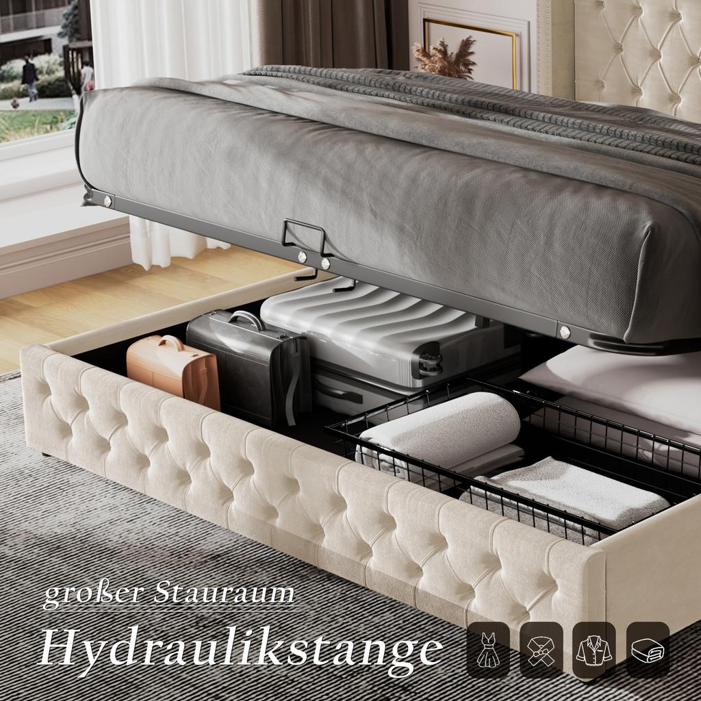 Upholstered Bed Wingback, Double Row of Studs Velvet, Button Stitching Head and Foot End, Double Bed 160*200, Hydraulic Function, Beige
