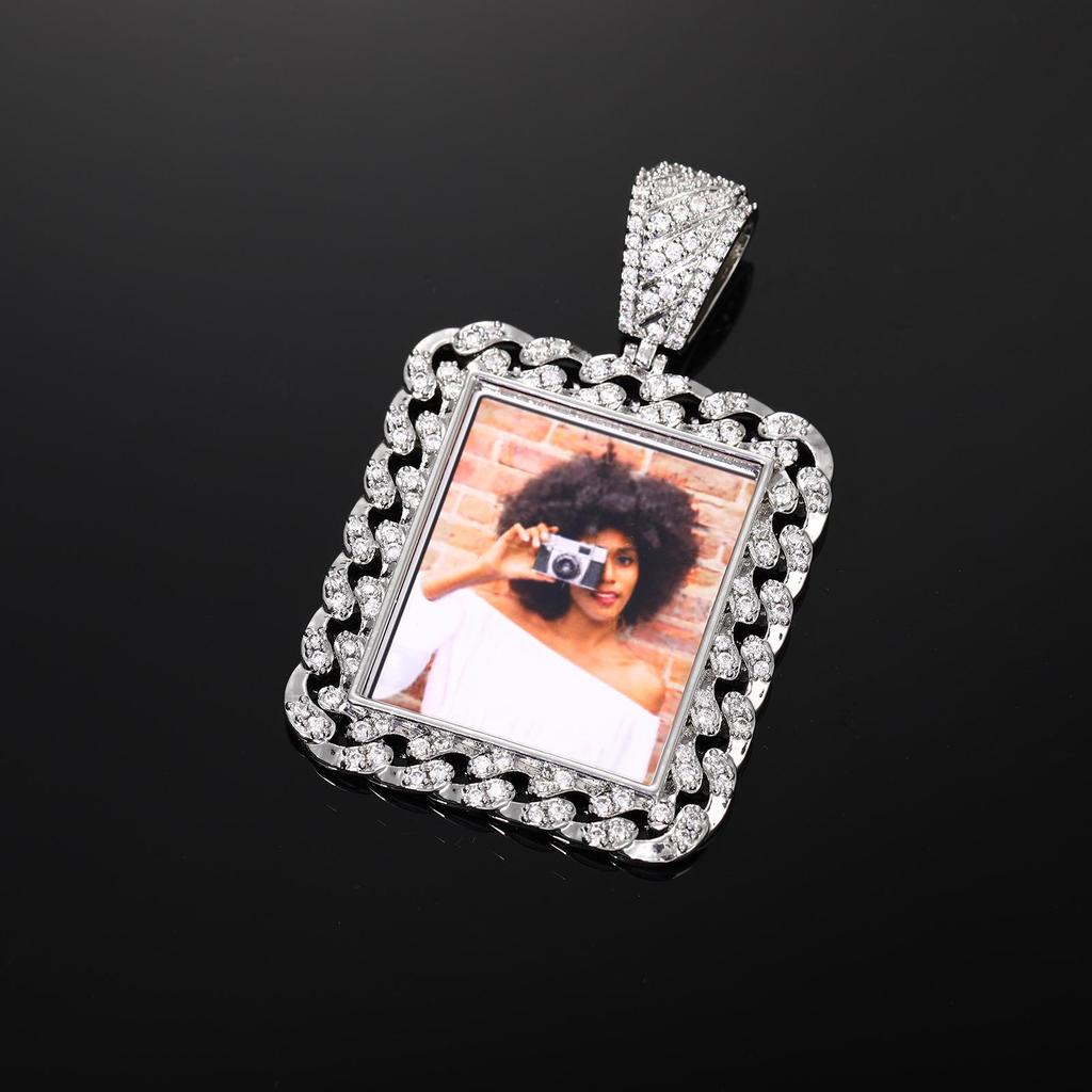 European-American DIY Memorial Pendant: Square Photo Frame Zircon Hip Hop Necklace