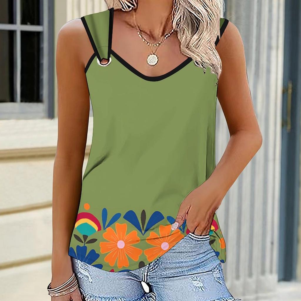 Ladies' Outdoor Casual Sports Double Loop Buckle Vest with Flower Print Pattern ,V-neck, Sleeveless, Medium Stretch Fabric