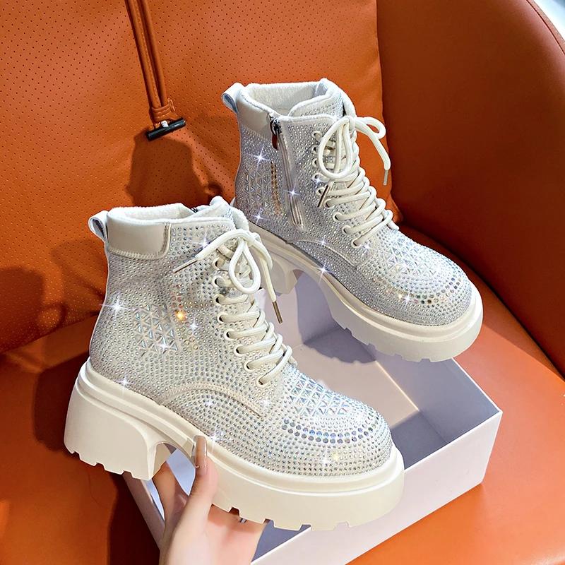 

Модные ботильоны с пайетками и бриллиантами для женщин Осень Зима Роскошная мода Высокий верх Толстый каблук Шнуровка Ботинки для улицы Вечерние Повседневная обувь 40 белый