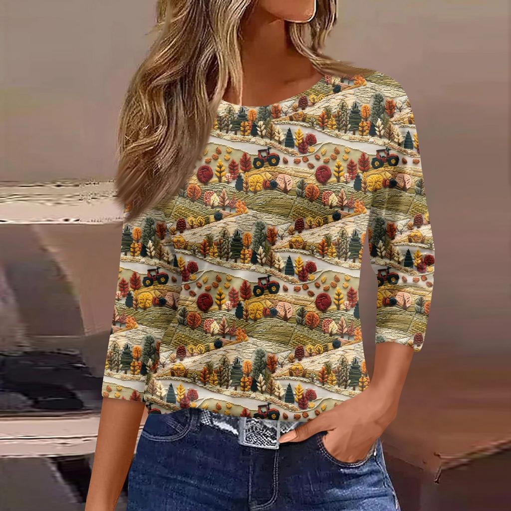 Damska Moda Casual Rękaw Trzy Czwarte Nadruk Halloween Okrągły Dekolt Top