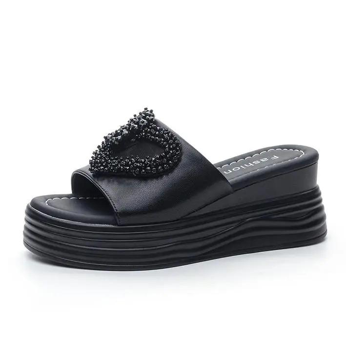 

7CM Genuine Leather Flats Summer Peep Toe Sandal Slippers Pumps Platform Wedge Flats Fashion Fashion Slip on Women Shoes 34 чёрный