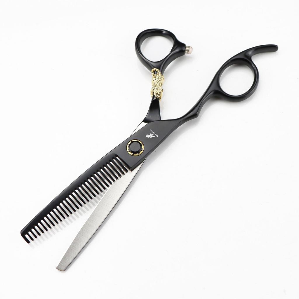 Napsun 6.0-inch Black Gold Tiger Left-Handed Hairdressing Scissors: Straight, Serrated, Thinning Shears (07-1)
