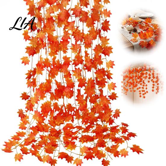 Seasonal Pastoral Scenery Props Artificial Maple Leaf Garland, Autumn Hanging Plant Fake Fall Realistic Silk Leaves Rattan, Orange Red