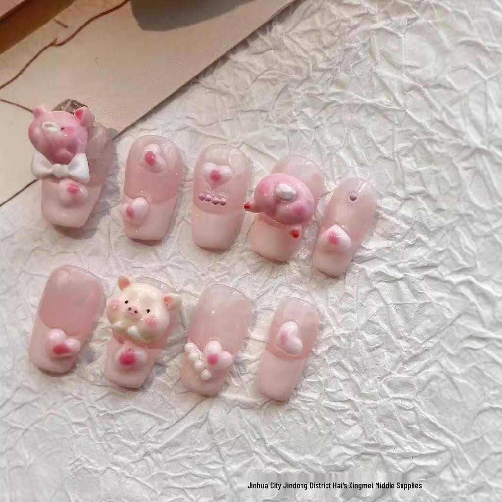 2024 Wearable Cute Pig Art Whitening Long-Lasting Removable Short Nail Patches