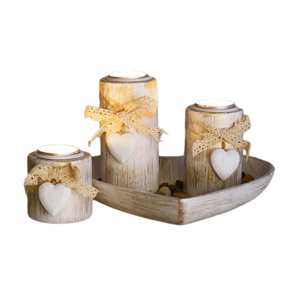 Decorative 3Pcs Wood Tealight Candle Holders with Heart Shape Tray for Dining Table Centerpieces and Living Room Decors