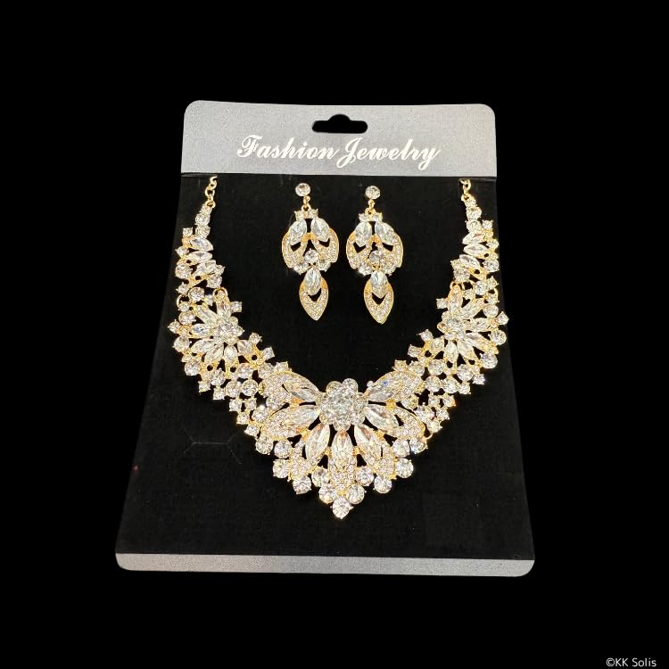[KK Solis] Flower Motif Gorgeous Necklace & Earrings Set - Large, Luxurious, High-End Look, Jeweled Accessory for Weddings, Receptions, Parties,