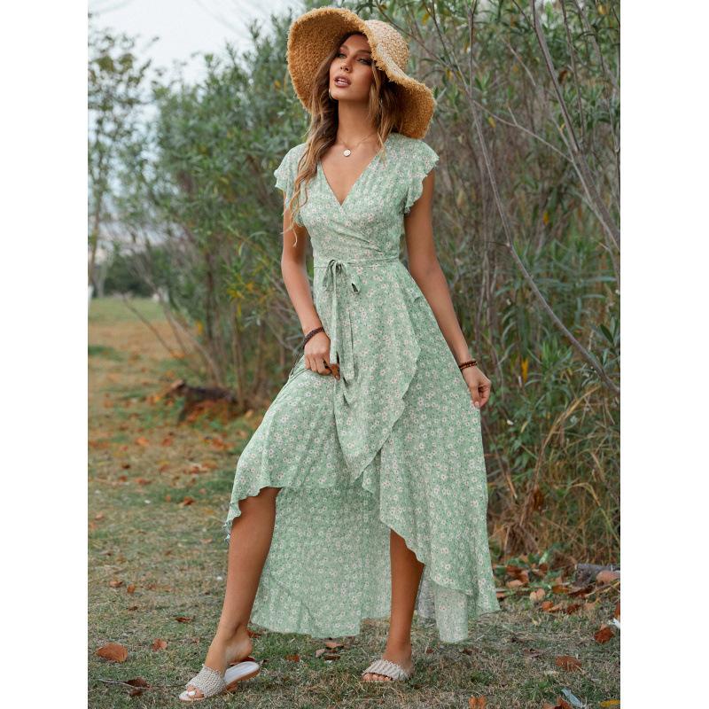 Women's Ditsy Floral Ruffle Short Sleeve Tie Waist Irregular Wrap Maxi Dress Boho Vacation Sundress