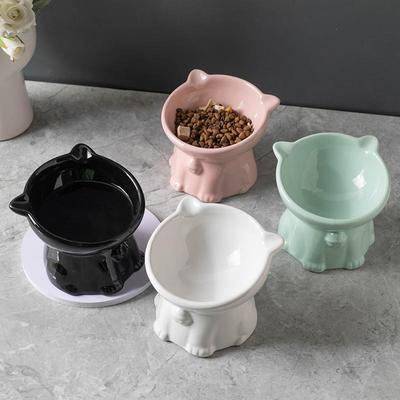 High-Legged Black Ceramic Cat Bowl: Anti-Tip Food & Water Dish for Pets