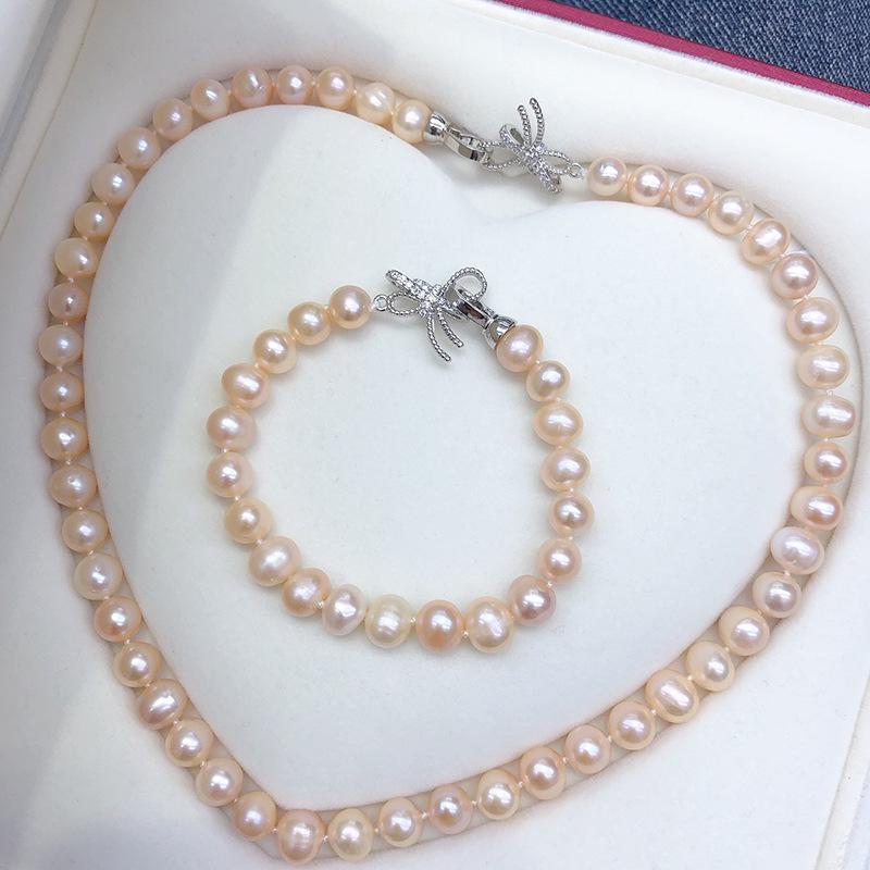 Exquisite Natural Freshwater Pearl Necklace Set - Near Round, Slightly Imperfect Pearls In Original Color, Elegant Jewelry Gift Box for Women