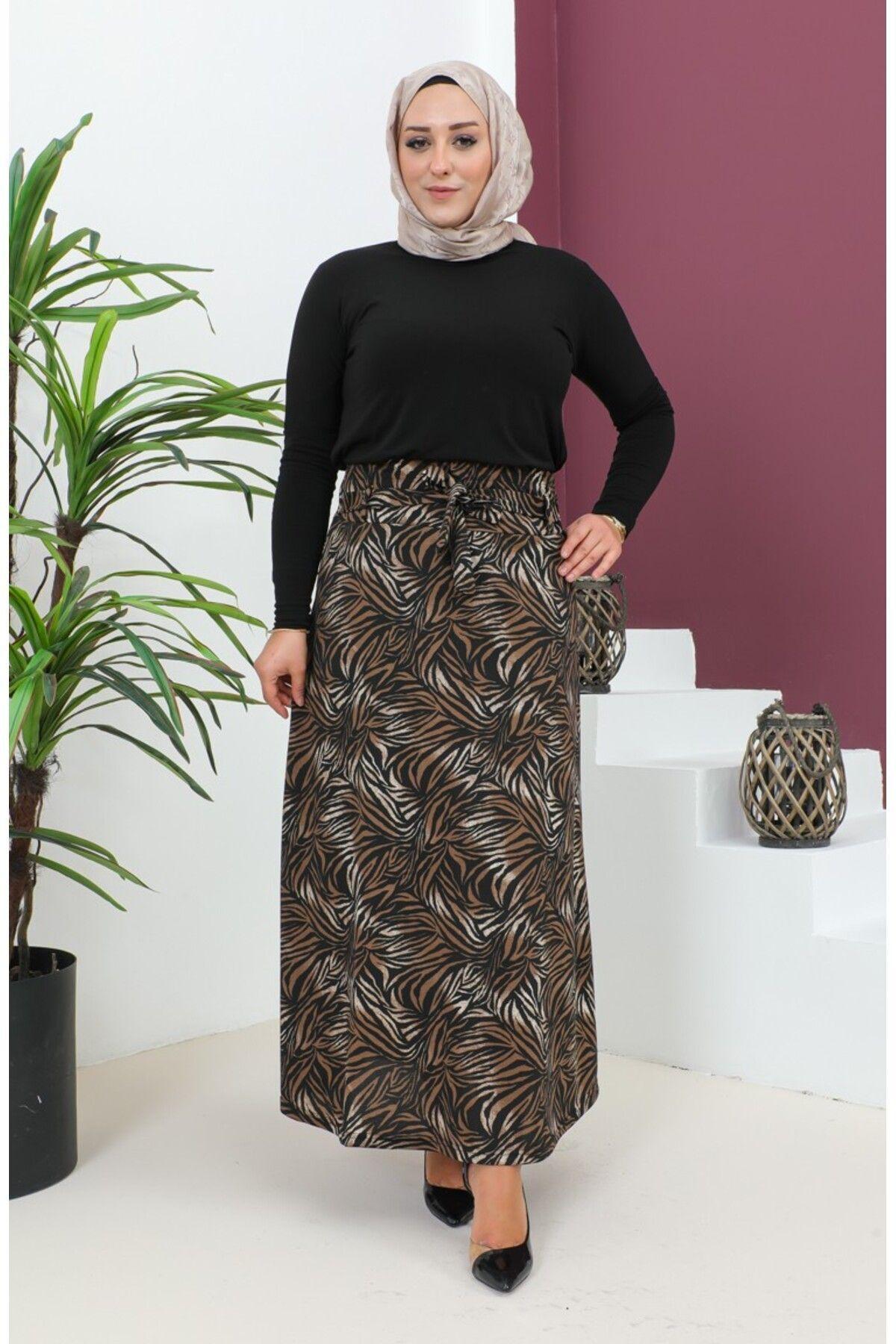 

Women s Style Big Size Skirt Patterned Belted Flared Skirt 2XL