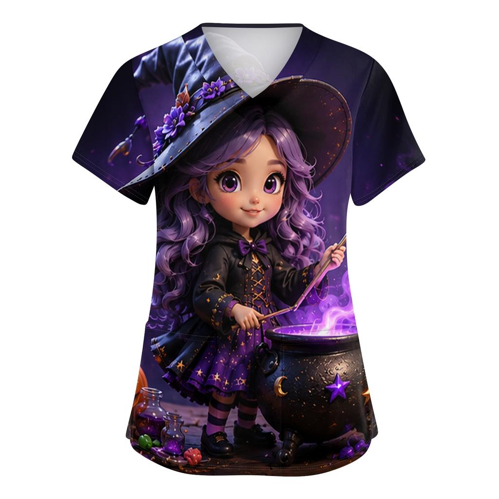 Women's V-Neck Short Sleeve Work Top with Pockets Halloween Print Caregiver Uniform