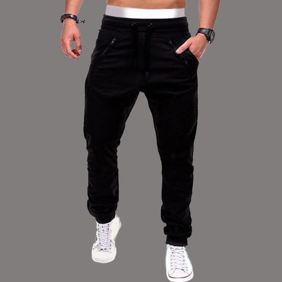 Winter Men Pants Drawstring Elastic Waist with Pockets Zipper Decor Joggers Loose Ankle-banded Solid Color Outdoor Trousers Pleated Sweatpants