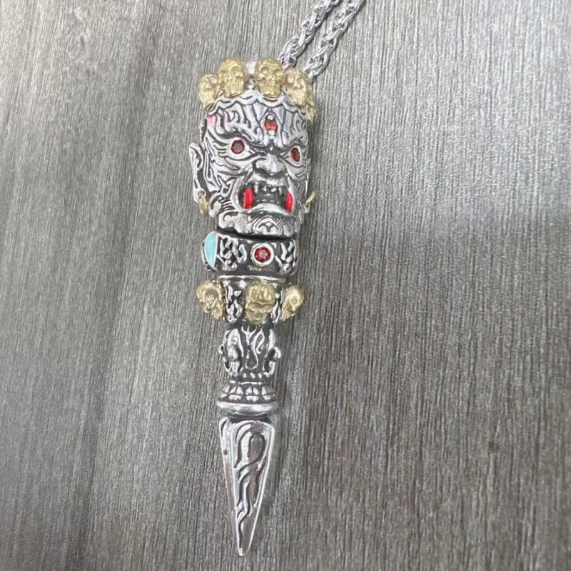 Vintage Copper Plated Fudo Myoo Vajra Pendant Necklace Men Ethnic Retro Style Bold Statement Jewelry