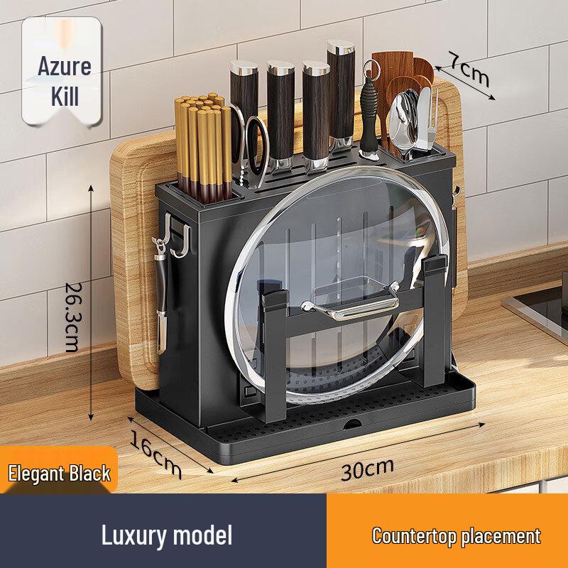 Multifunkční kuchyňský organizér z nerezové oceli s držákem na nože, prkénko a pokličky