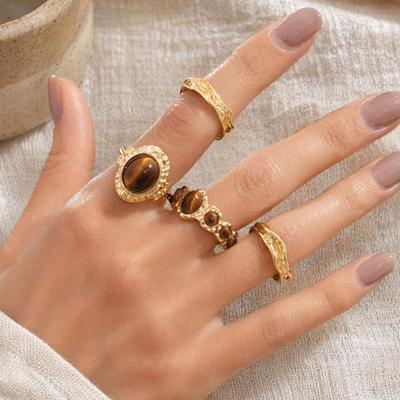 4Pcs/Set Finger Ring Set, Tiger Eye Stone Finger Ring Set, Adjustable Opening Stacking Rings for Women, Jewelry Gift