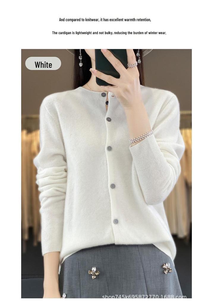Women's Pure Wool Slim-Fit Cardigan: Warm, Thickened, Round Neck, Knitted Sweater for Autumn and Winter