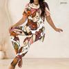 Women Plus Size Two Piece Set Round Neck Short Sleeve Cartoon Lamb Printed Top Fitted Long Pants