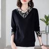 Autumn Winter Women's Velvet undershirt Bottoming Shirt Stitching V-neck Plus Size T-shirt Loose Warm Base Layer