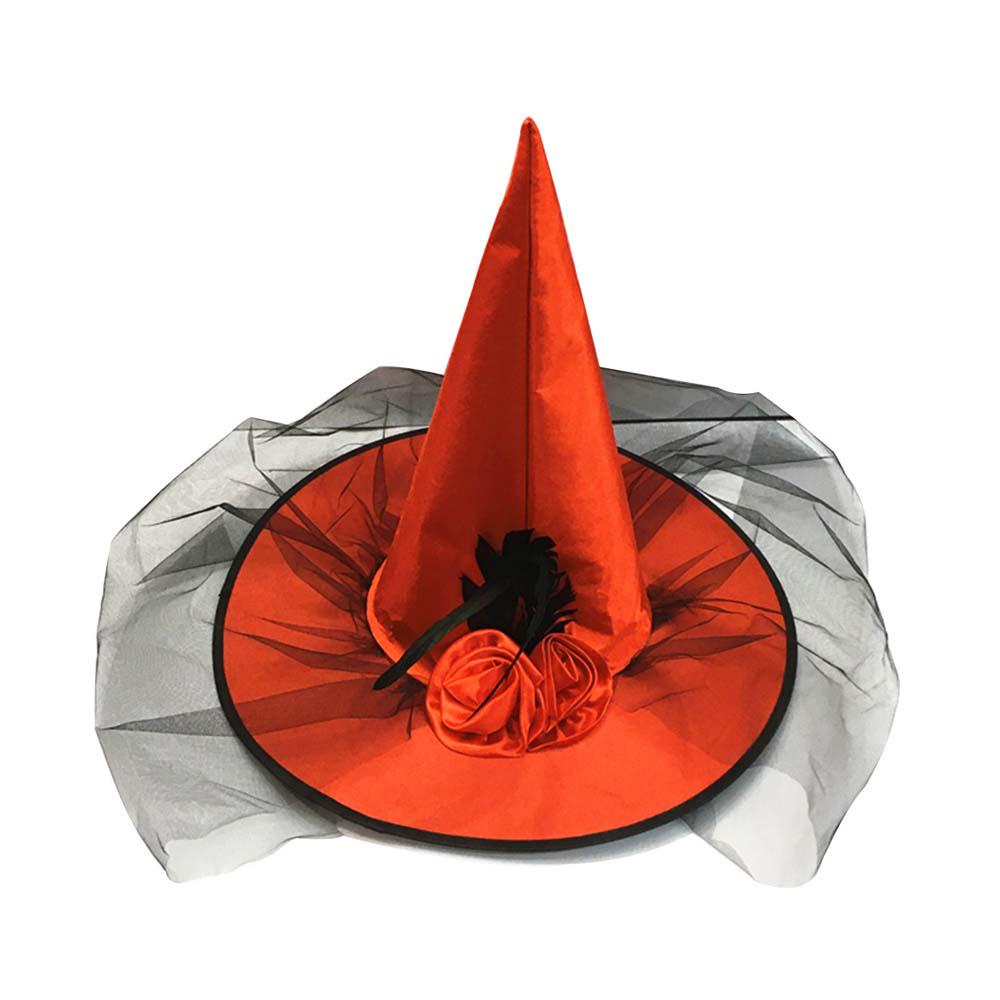 

Special Design Men Rose Flower Sharp Corner Feather Ruched Witch Hat Pumpkin Cap Cloth Wizard Hat