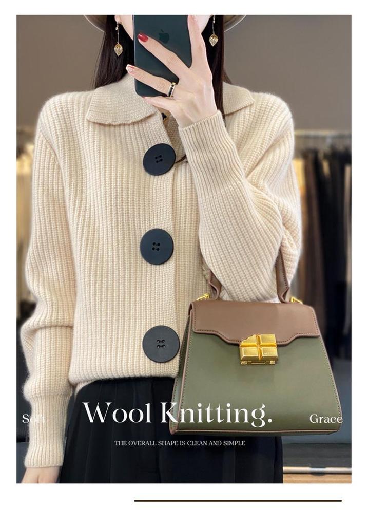 European-Style Women's Wool Cardigan Coat: Autumn/Winter Fashion, Long Sleeve, Korean-Inspired, Trendy Lapel, Thick Knit Sweater.