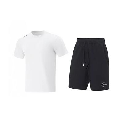 Li Ning Logo Print Simple Breathable Round Neck Pullover Short Sleeve High Waist Tied Shorts Casual Sports Suit Unisex Sports Suit ATSV597-1+AKST543-3