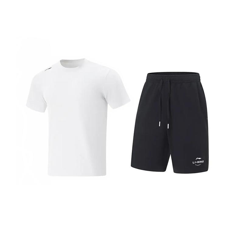 

Простой дышащий пуловер с круглым вырезом и короткими рукавами с принтом логотипа Li Ning, шорты с высокой талией на завязках, повседневный спортивный костюм, унисекс, спортивный костюм ATSV597-1+AKST543-3 S