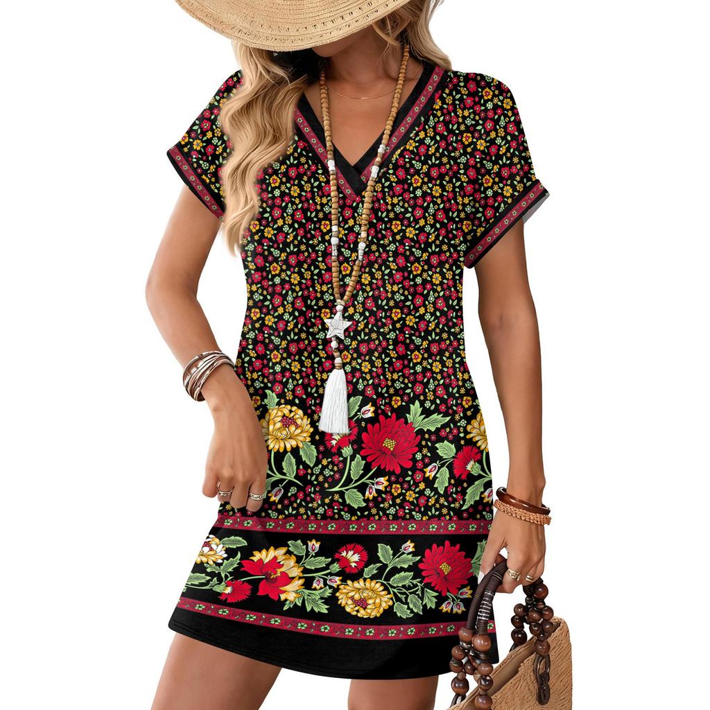 Women's Fashionable Floral Print V-neck Short Sleeved Pocket Casual Pullover Dress