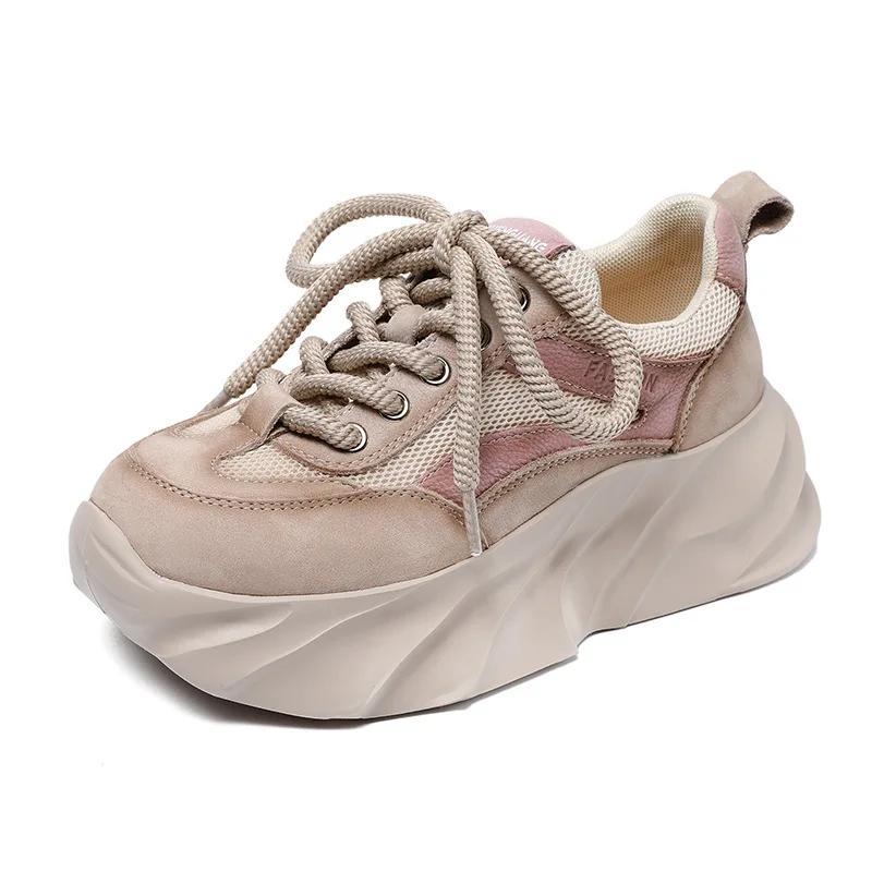 

Fashion 5.5CM Women Mixed Colors Genuine Leather Spring Casual Sneakers Lace-Up Air Mesh Thick Sole Wedges College Style Platform Shoes 35 розовый