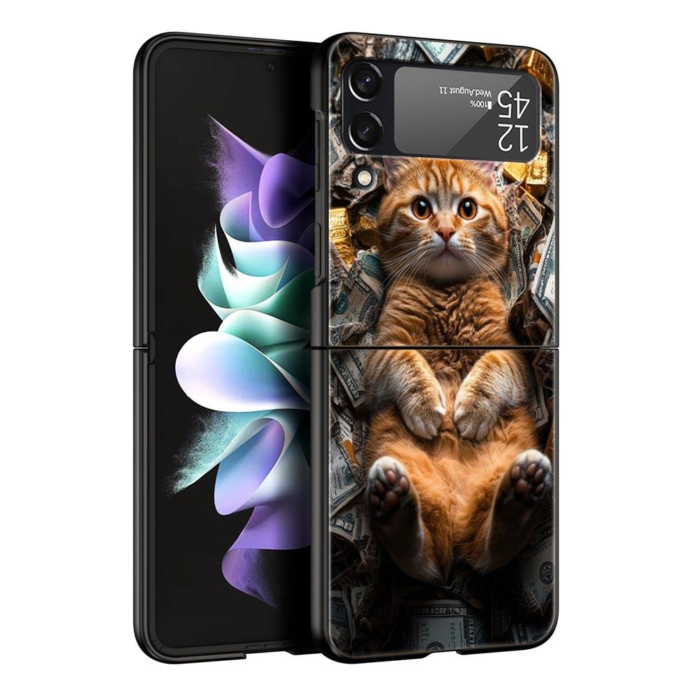 Hard PC Phone Case For Samsung Galaxy Z Flip 7 6 5 4 Black Cover For Galaxy Z Flip 3 Foldable Shockproof Money Cat Fundas Capas