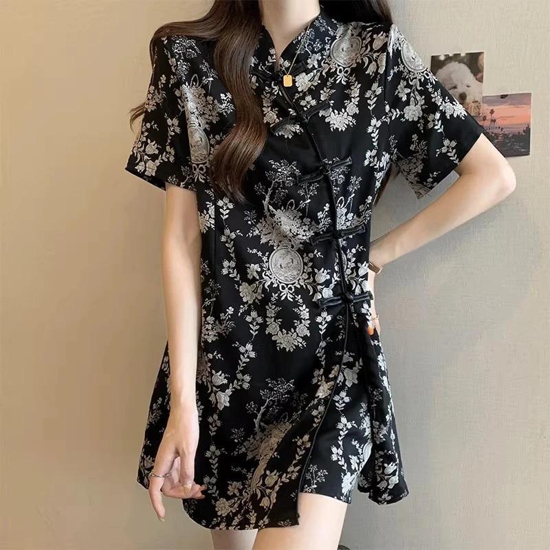 Women's Minimalist Aesthetic New Chinese Style Floral Print Dress