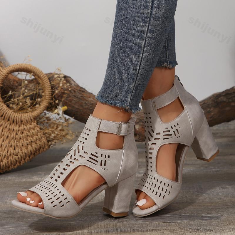 Women Strap Sexy High Heel Sandals Woman Roman Hollow Pumps Lace-up Peep Toe Sandals Casual Chunky High-heeled Sandals