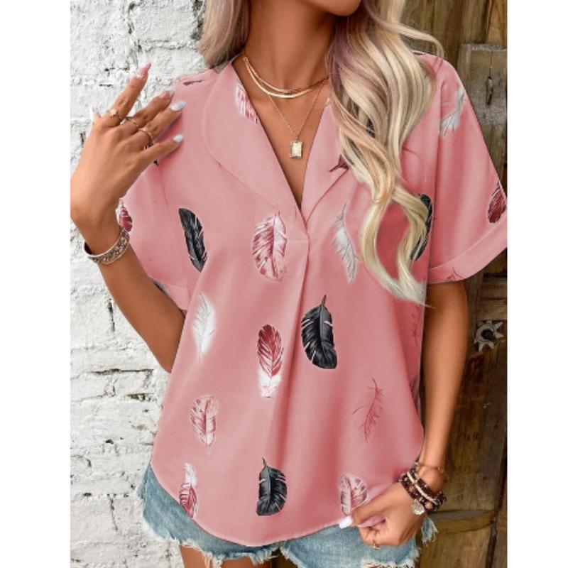 Women Casual Notched  Lapel Feather Print Short-sleeved Blouse Top