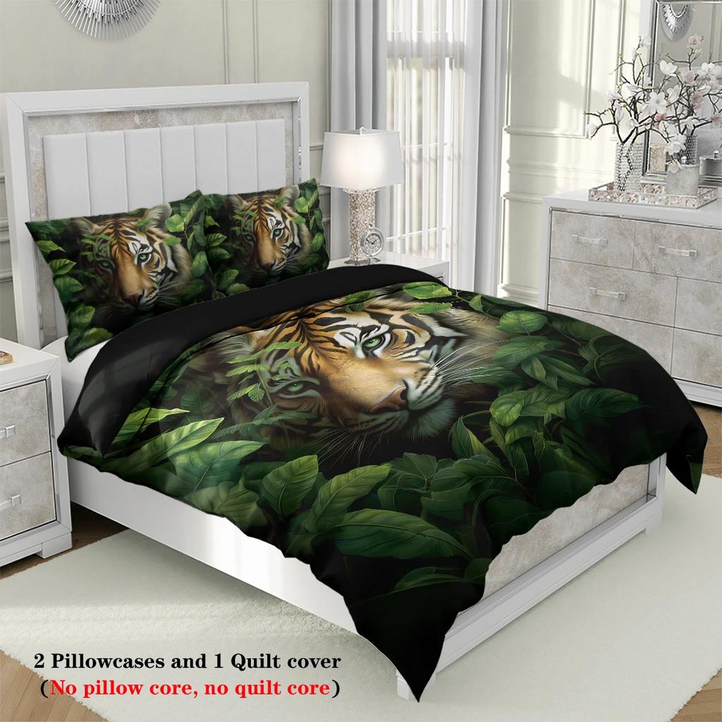 3pcs Tiger In the Jungle Pattern Bedding Set, 1 Duvet Cover and 2 Pillowcases, for Teenagers and Adults Bedroom, Birthday Gift