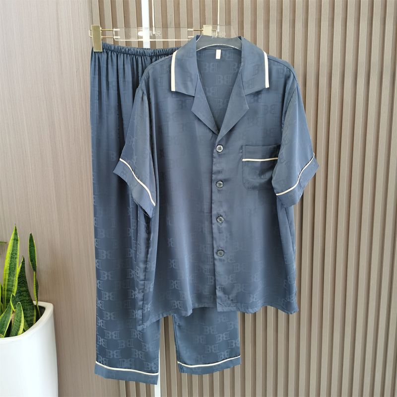 2025 New Arrival Spring and Summer Men's Pajamas Suit Silk Jacquard Short Sleeve Pants Home Wear Can Be Twinset Outfit Men