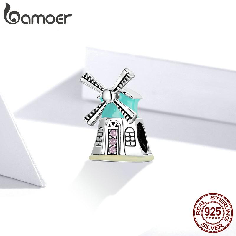 

BAMOER из стерлингового серебра 925 пробы с блестящим розовым цирконием, разноцветные подвесные бусины в виде ветряной мельницы в виде домика для оригинальных 3 мм браслетов и ожерелий серебряный
