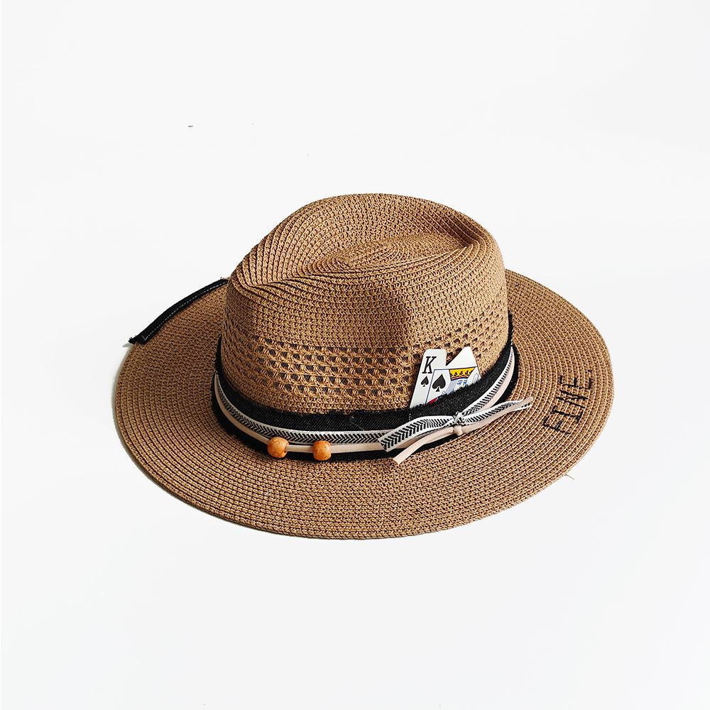 Fashion Black Men'S Summer Straw Woven Fedora Hat Panama Hat Wide Brim Summer Beach Sun Hat Playing Card Accessory