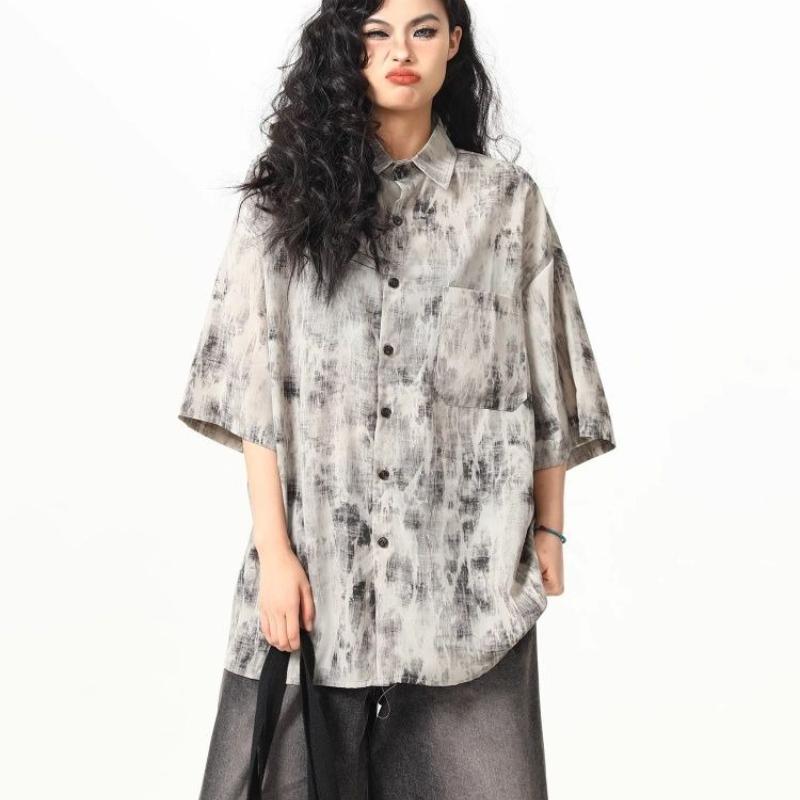 Loose Short Sleeved Thin Women's Shirt Retro Casual Summer Turn-down Collar Blouses Full Print Versatile Top with Pocket