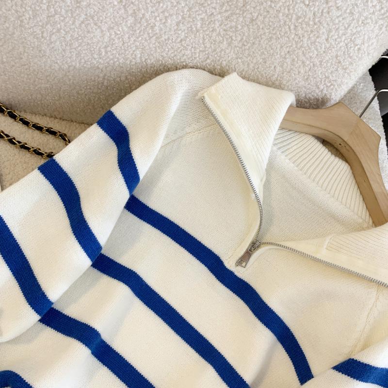 Vysoce kvalitní trendy pletený svetr na zip v korejském stylu pro ženy – Modrý pruhovaný, Jedna velikost
