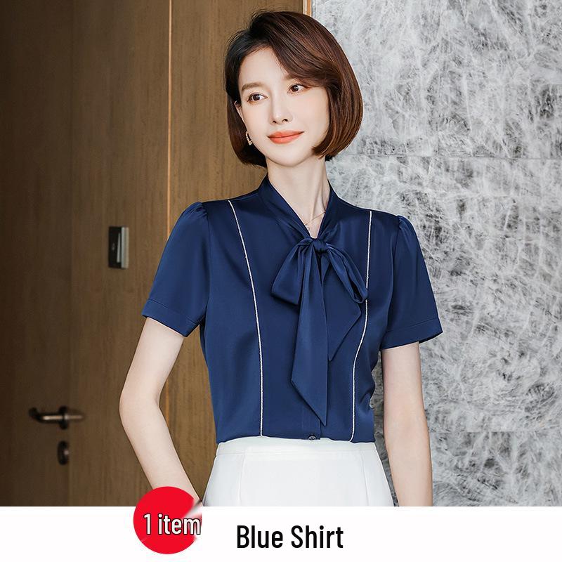 2023 Women's White Bow Blouse: Short Sleeve Workwear for Civil Servant Interviews & Hotel Reception